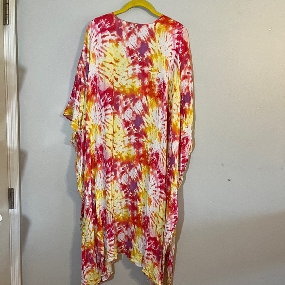 Torrid Kimono Women 22 Pink Open Front Tie Dye Long Duster Yellow Top Summer - Picture 7 of 13